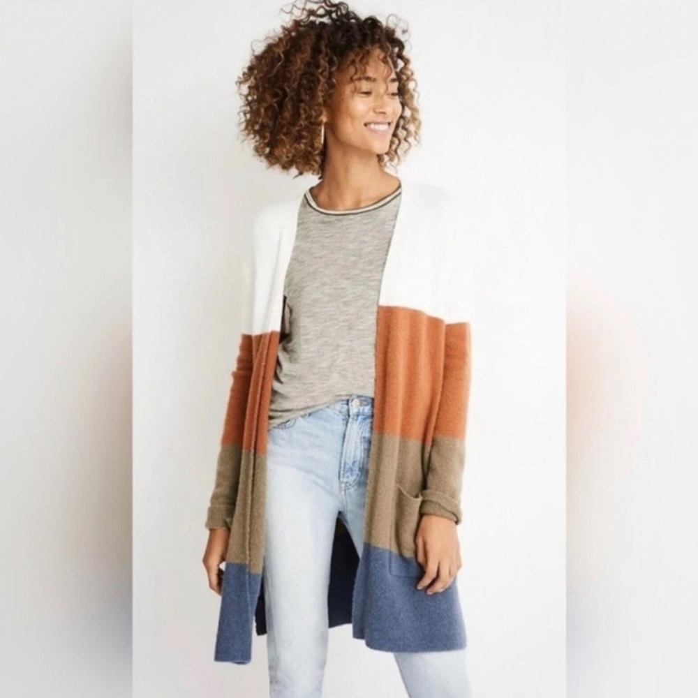 Madewell Kent Colorblock Cardigan XS Wool Alpaca Sweater Rust Olive Blue